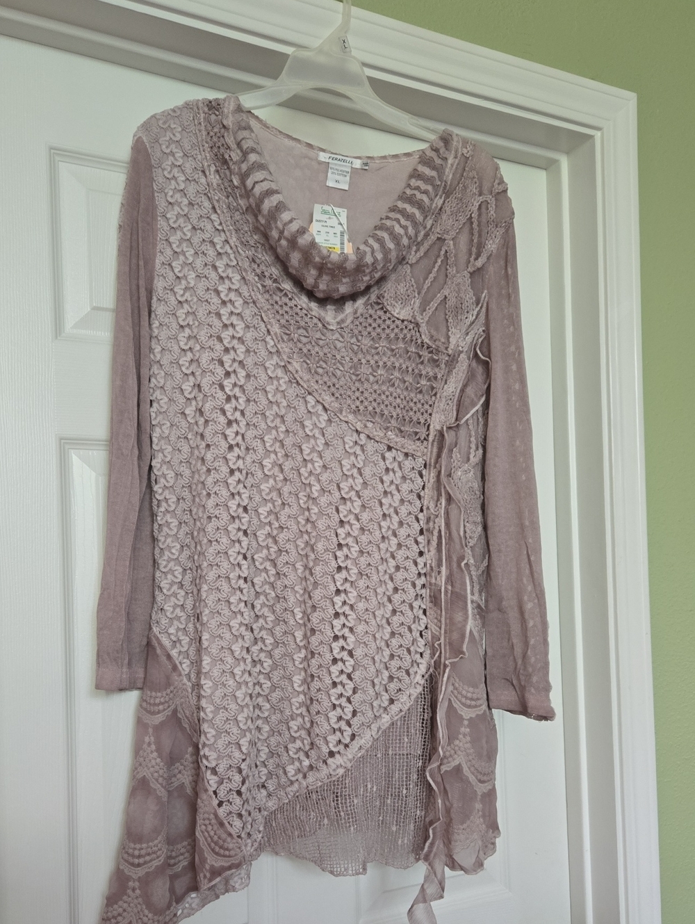 FERATELLI Mixed Lzce/crochet Asymmetric Cowl Neck Tunic Or Mini Dress, XL